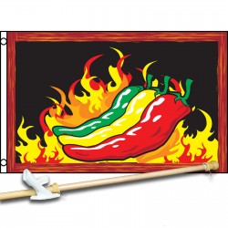 CHILIES WITH  FLAMES 3' x 5'  Flag, Pole And Mount.